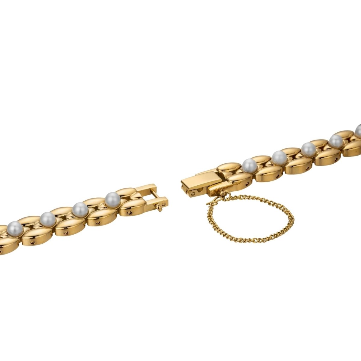 Detail of the secure fold-over clasp and safety chain on the Kouvr Euna Gold Pearl Watch.