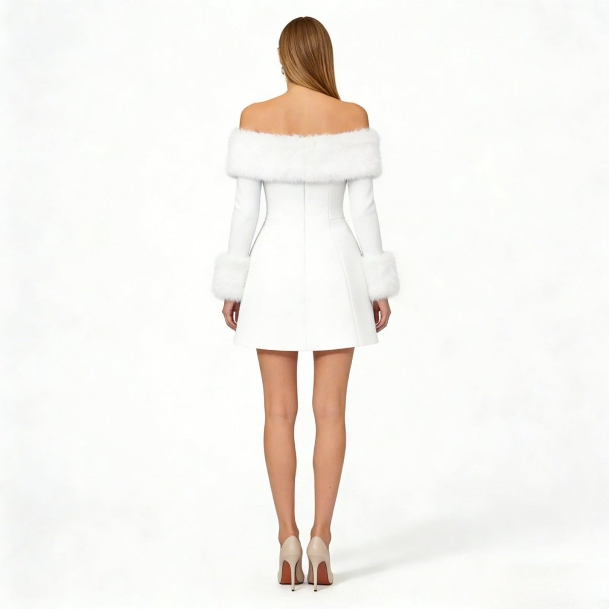 Back view of the Kouvr white off-shoulder holiday party dress, showing the tailored seams and faux fur trim.