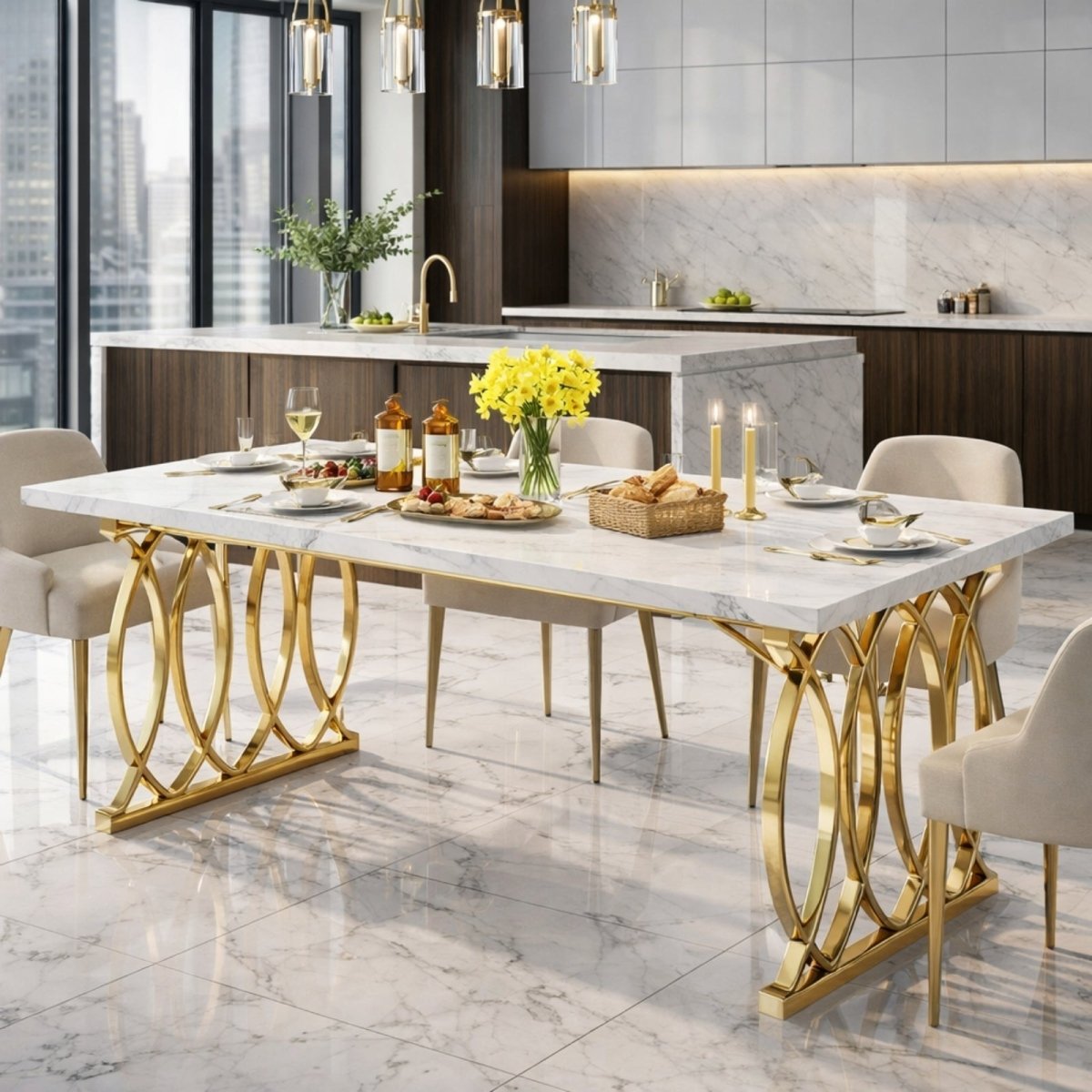 Kouvr rectangular white faux marble dining table with gold geometric legs set in a luxury modern kitchen. 
