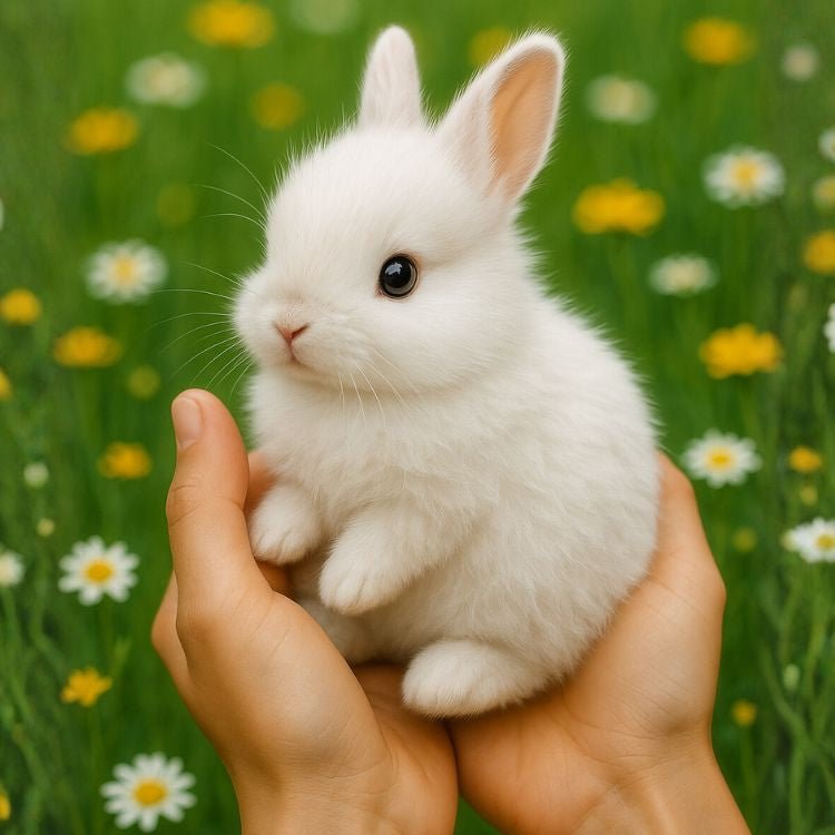 A small, fluffy, lifelike golden-yellow interactive robot bunny toy from Kouvr held gently in a person's hands in front of a green field with flowers.
