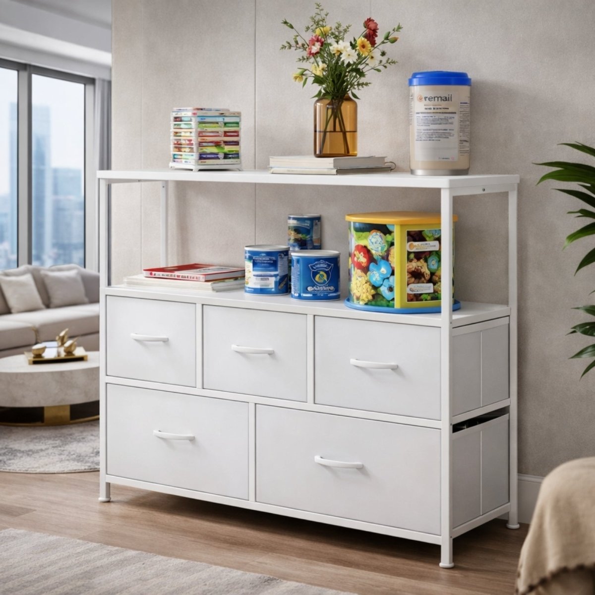 Front view of the Kouvr white 5-drawer storage organizer styled with books and decor, emphasizing its clean, modern aesthetic.