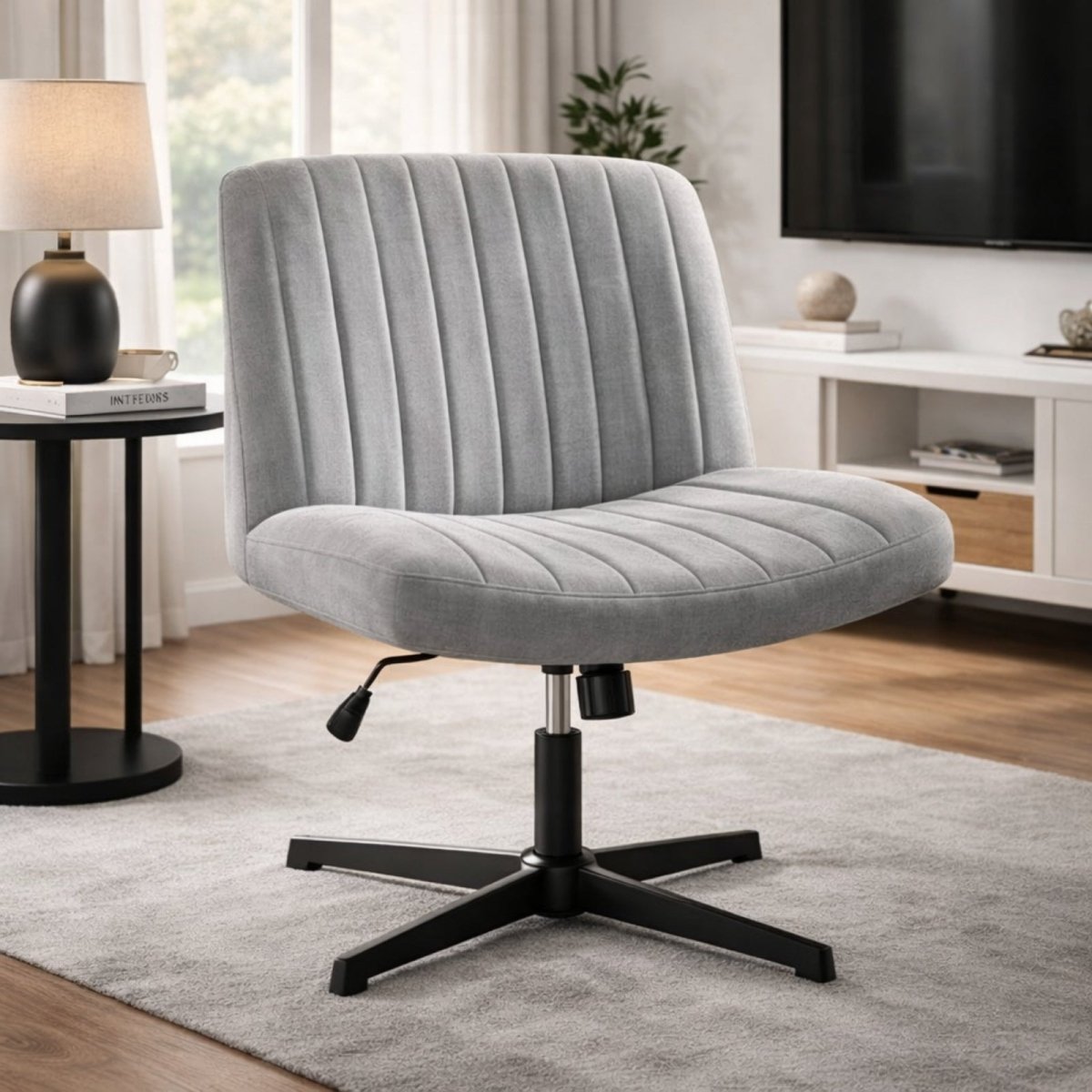 Grey velvet tufted office chair with armless design and swivel function, shown in a modern living room setting.
 