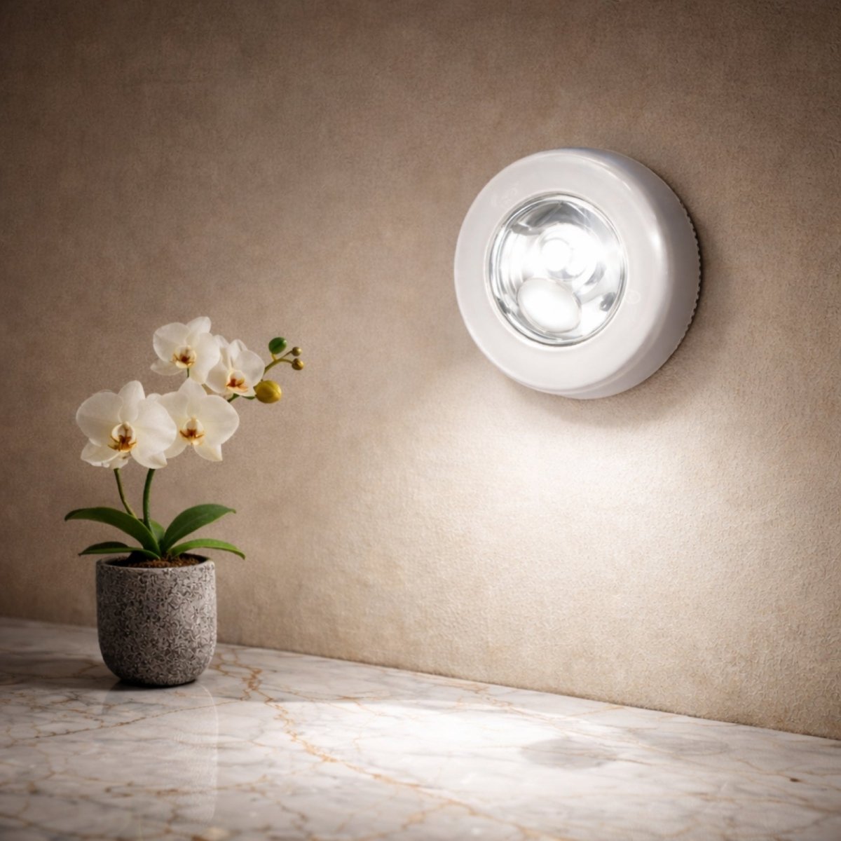 Kouvr white round LED tap light mounted on textured beige wall illuminating orchid plant, showing soft focused beam.
 