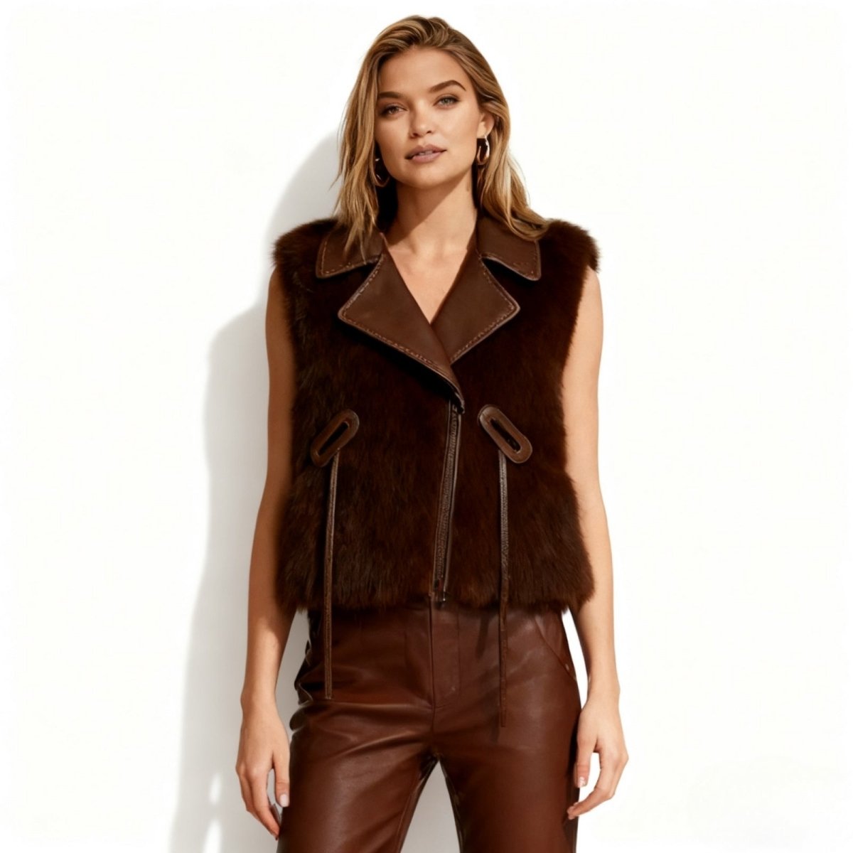 Woman wearing a Dark brown Kouvr leather vest  on a white background