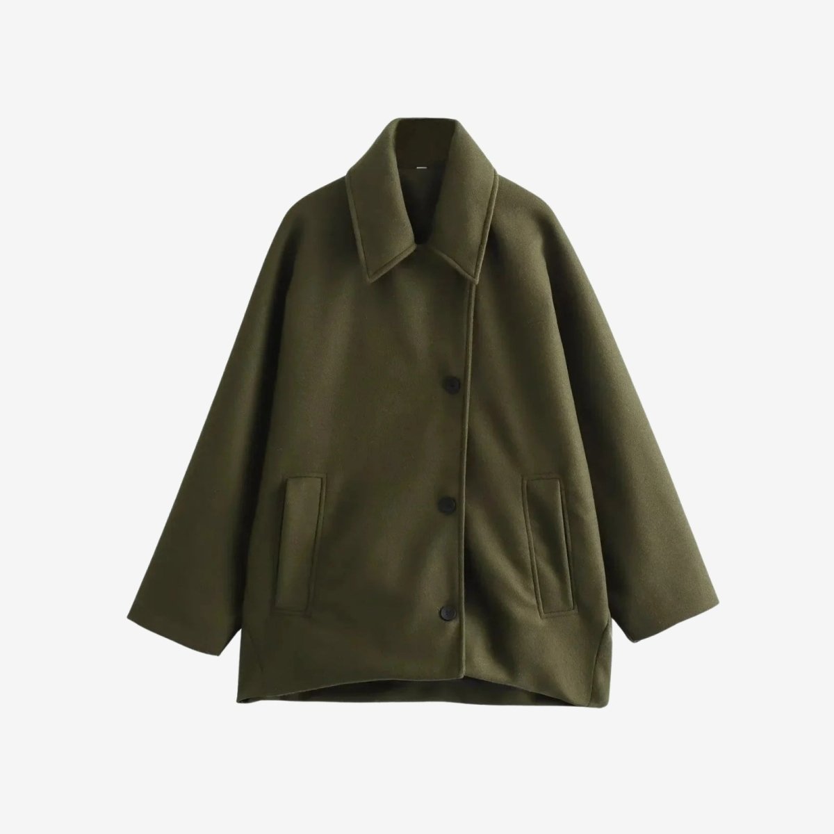  Flatlay of the Kouvr women's green wool peacoat, buttoned to show the double-breasted closure and patch pockets.