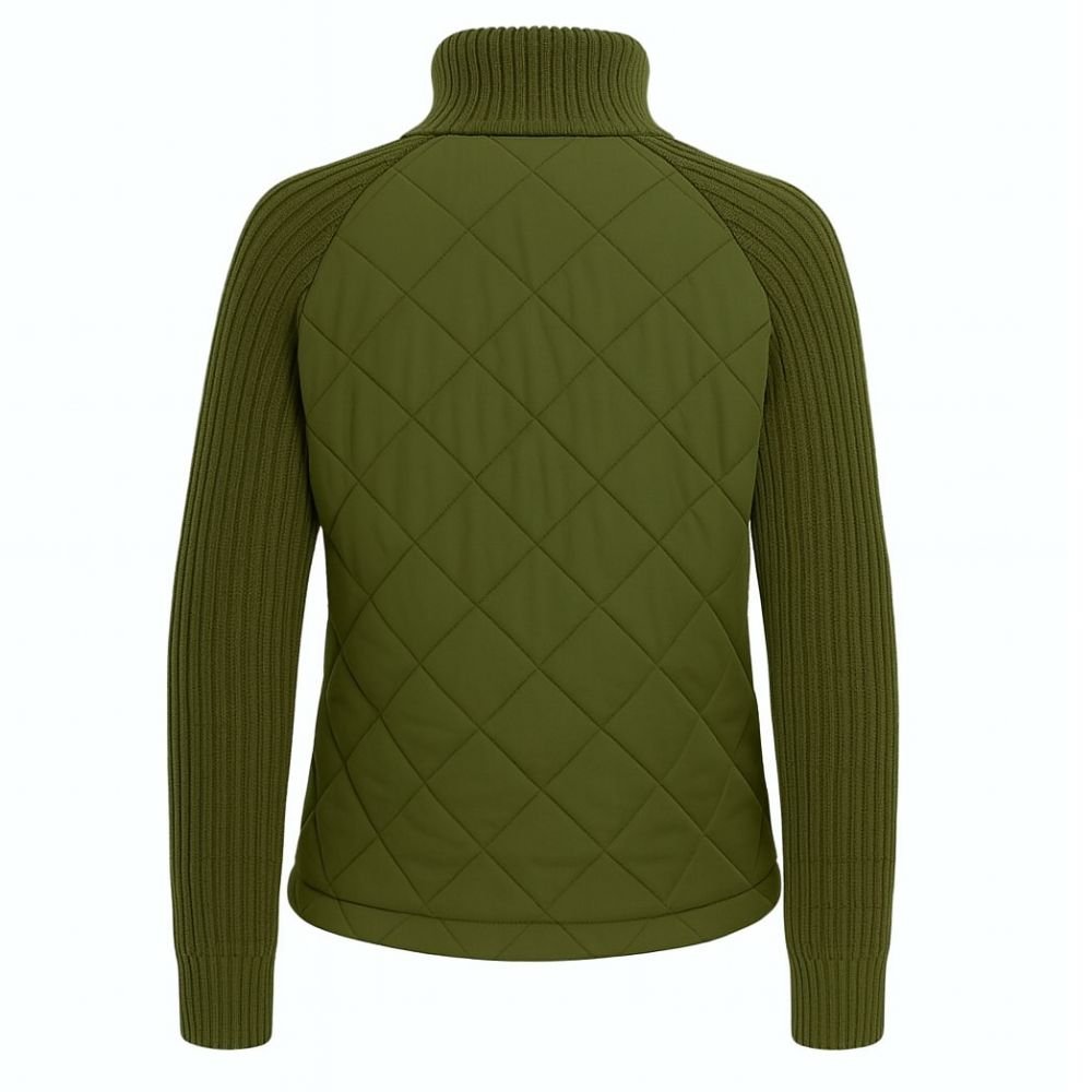Ghost mannequin back view of the Kouvr Mika quilted hybrid jacket in army green.
