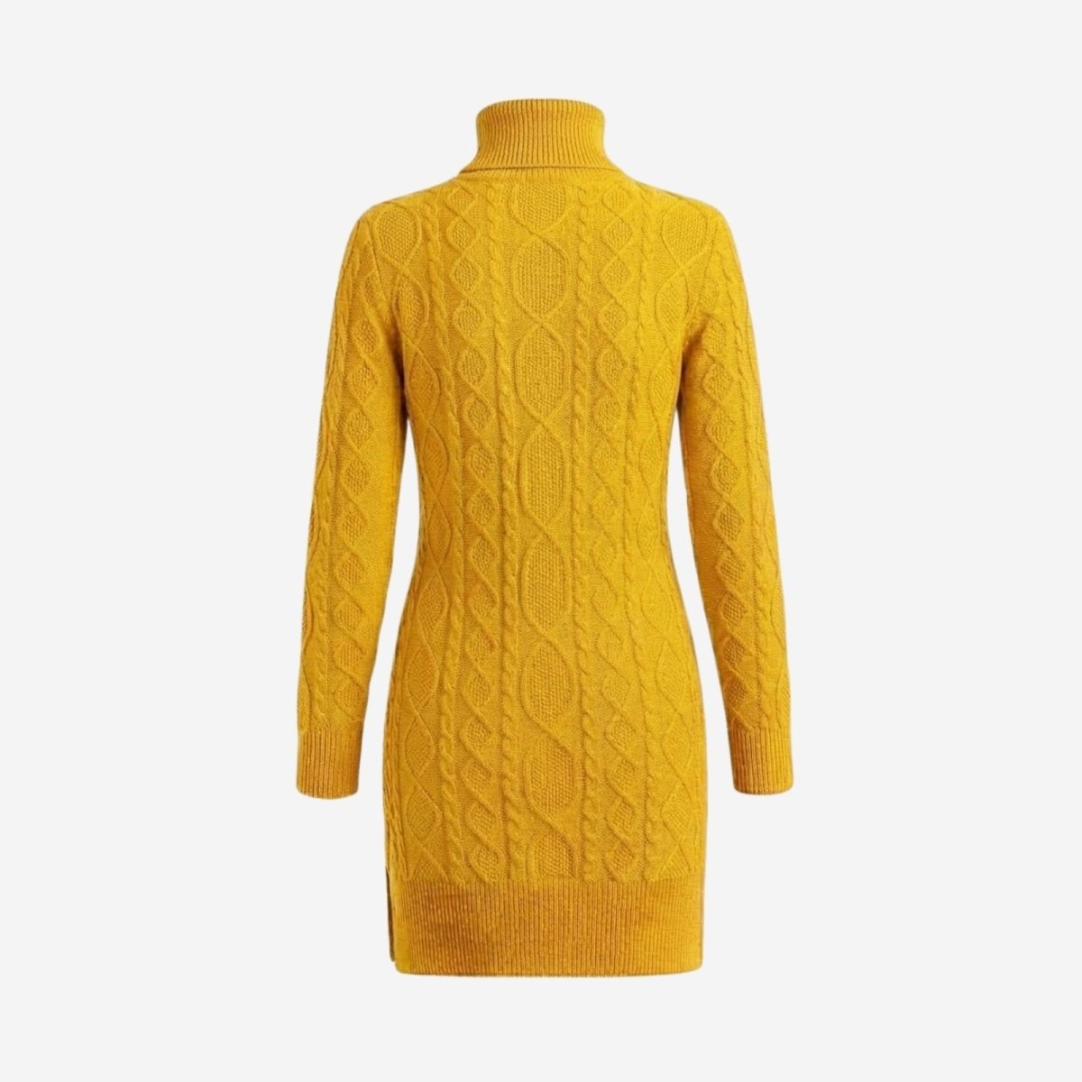 Back view product shot of a Kouvr erza yellow turtleneck sweater dress, laid flat to showcase the knit pattern on the reverse side.