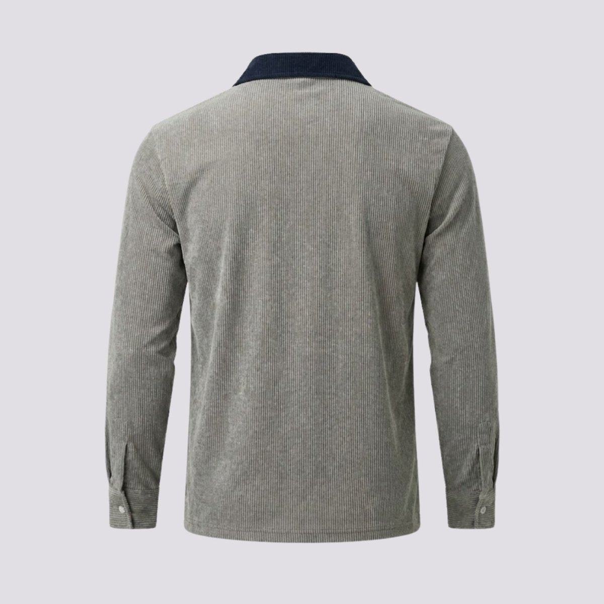 Flatlay of the back of the Kouvr Zain grey corduroy long sleeve polo, showing the full navy contrast collar and yoke construction.