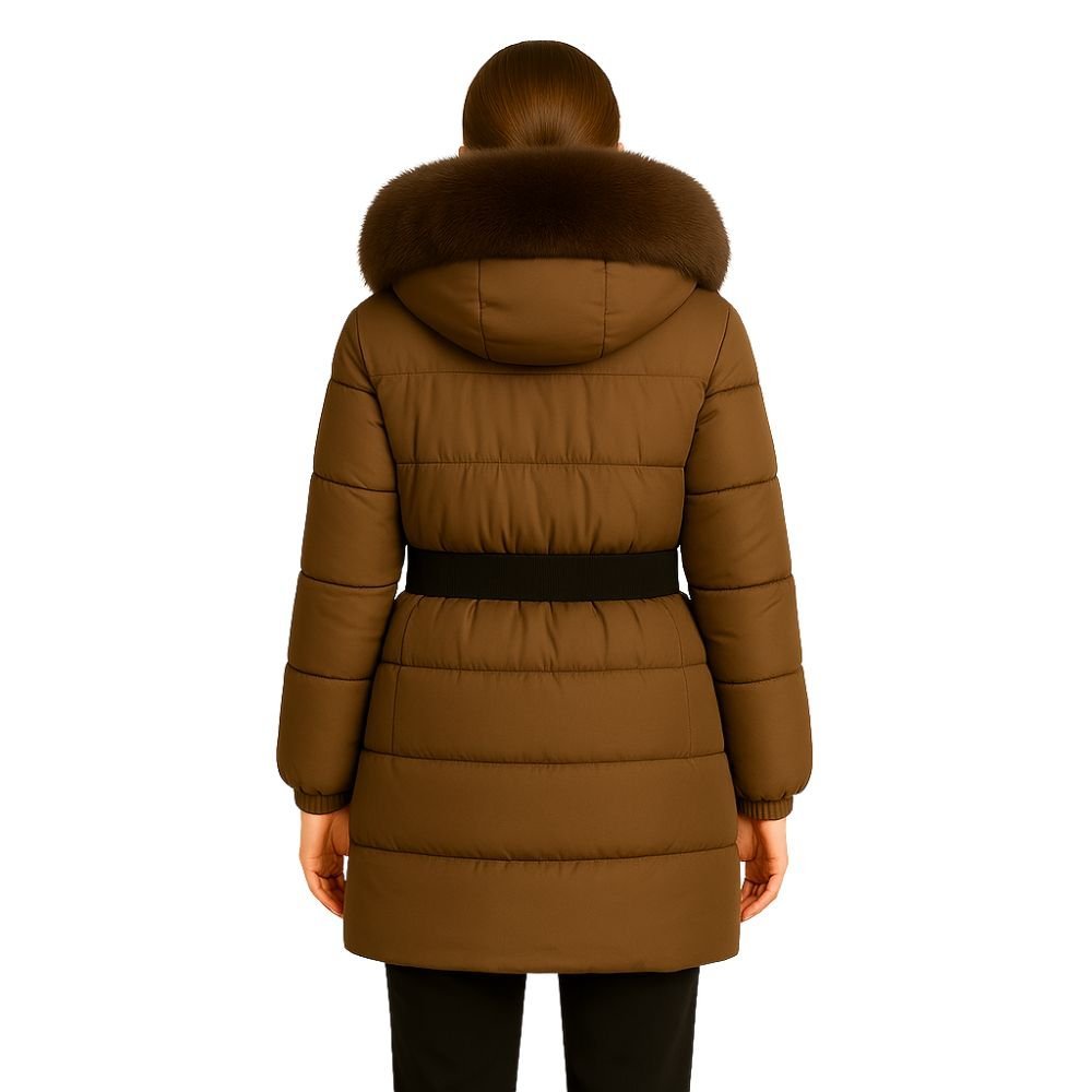 Model wearing Kouvr Fashion belted down puffer coat with oversized white fox fur hood