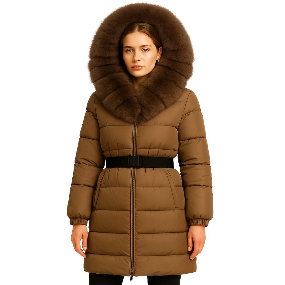 Model wearing Kouvr Fashion belted down puffer coat with oversized white fox fur hood