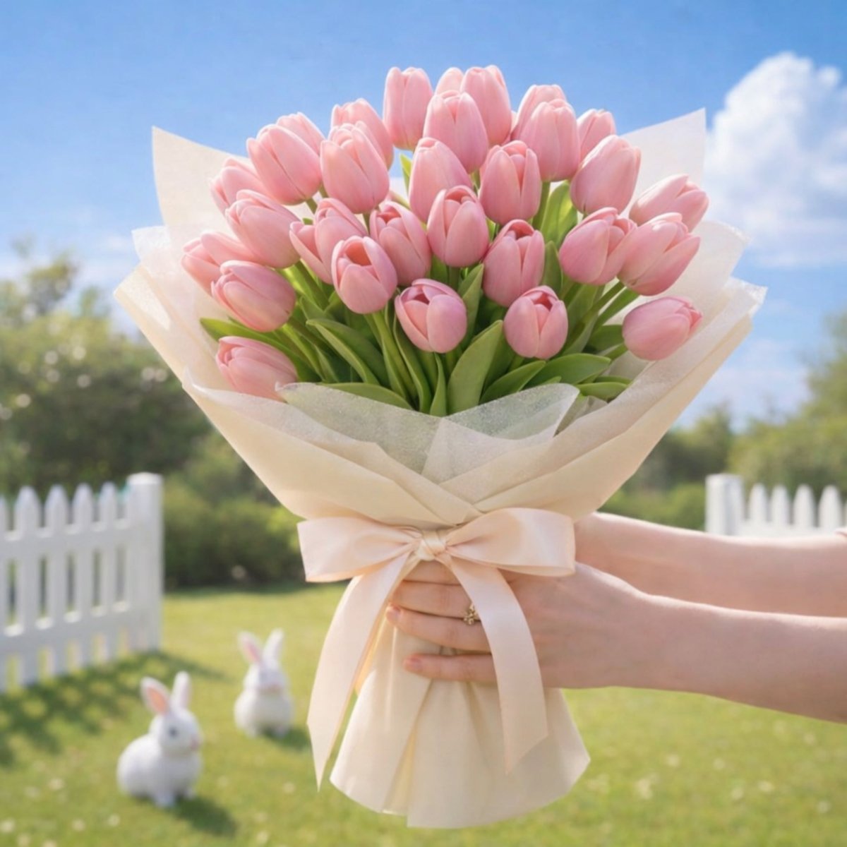 A close-up view of a large bouquet of pink tulips, held by both hands and tied with a ribbon. The background includes a white picket fence and two white rabbit figurines on the grass under a blue sky.
