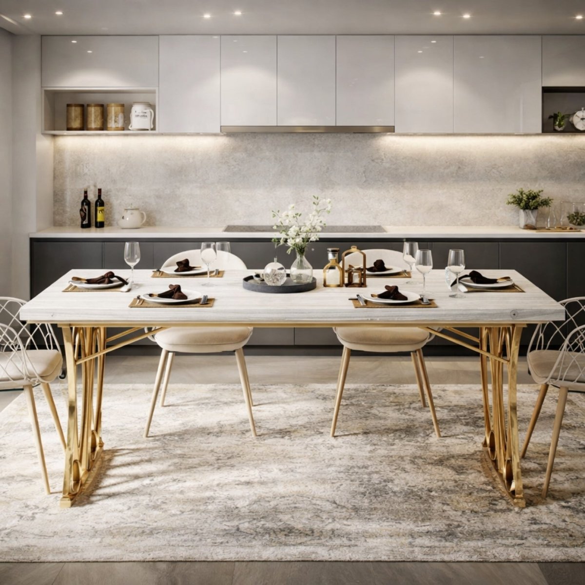 Elegant dining room setup featuring a white and gold table with floral centerpiece and wine glasses.
