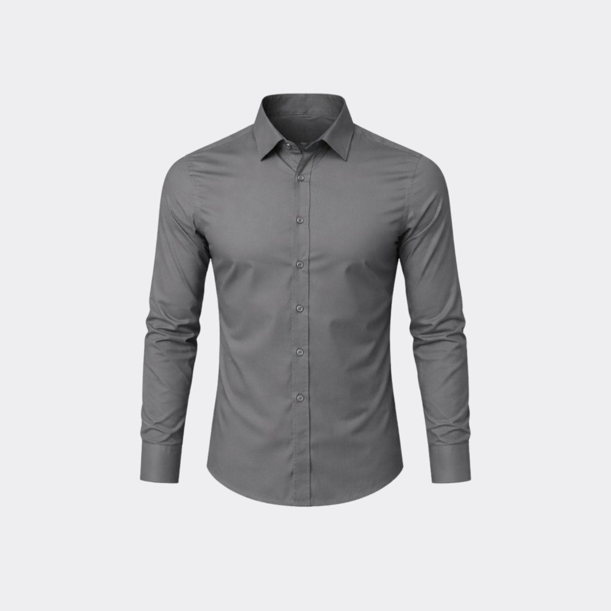 Flat lay front view of Kouvr men's grey stretch dress shirt highlighting collar and button placket