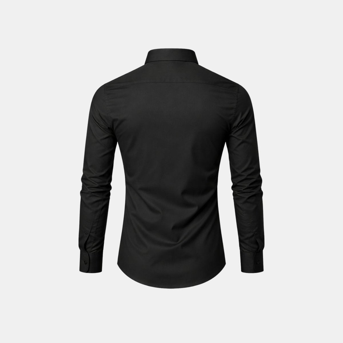 Back flatlay view of the men's black long sleeve dress shirt highlighting the curved hemline and back darting.