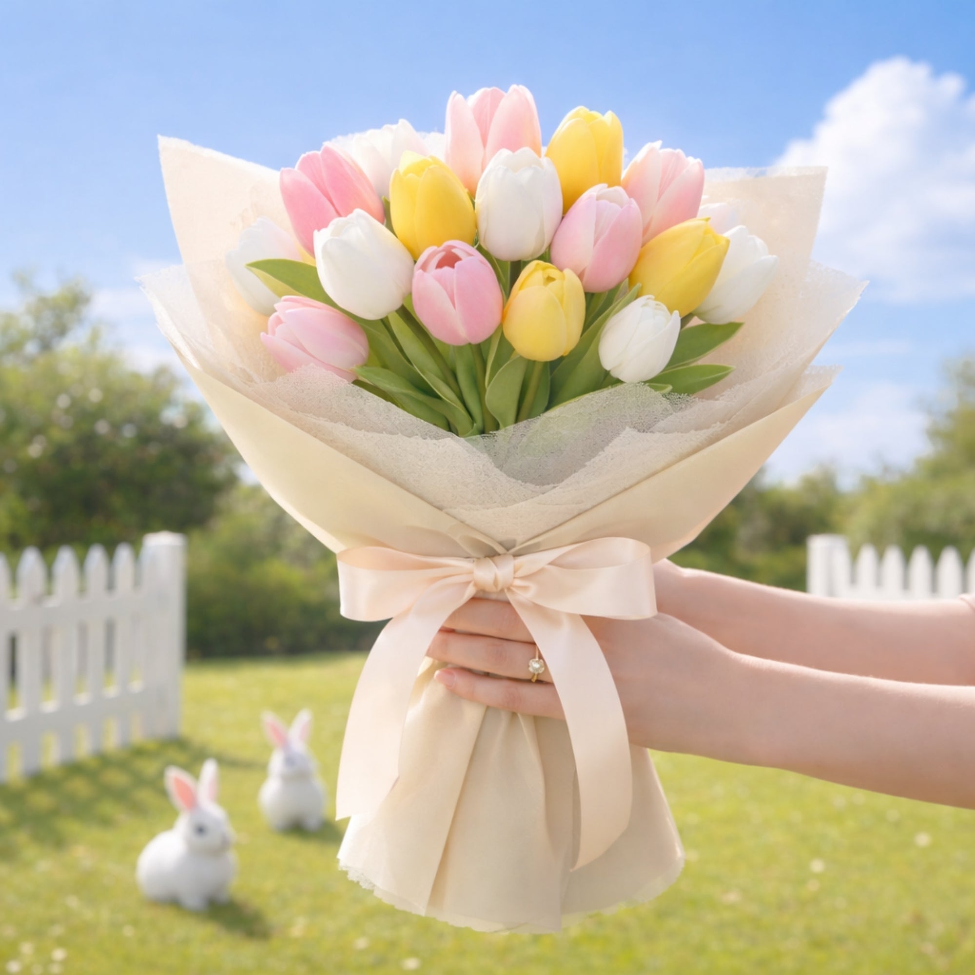 A close-up of a medium-sized bouquet of mixed pink, yellow, and white tulips, held with both hands. In the background, a white picket fence and two white rabbit figurines sit on the grass against a blue sky.