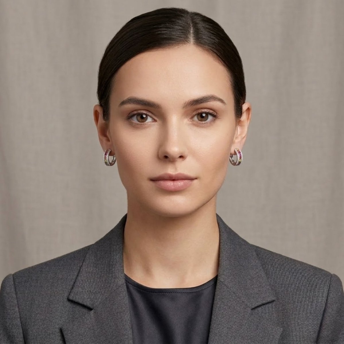 A professional woman with her hair pulled back, wearing the Kouvr Zinia multi-gemstone diamond huggie earrings to show scale and style.
