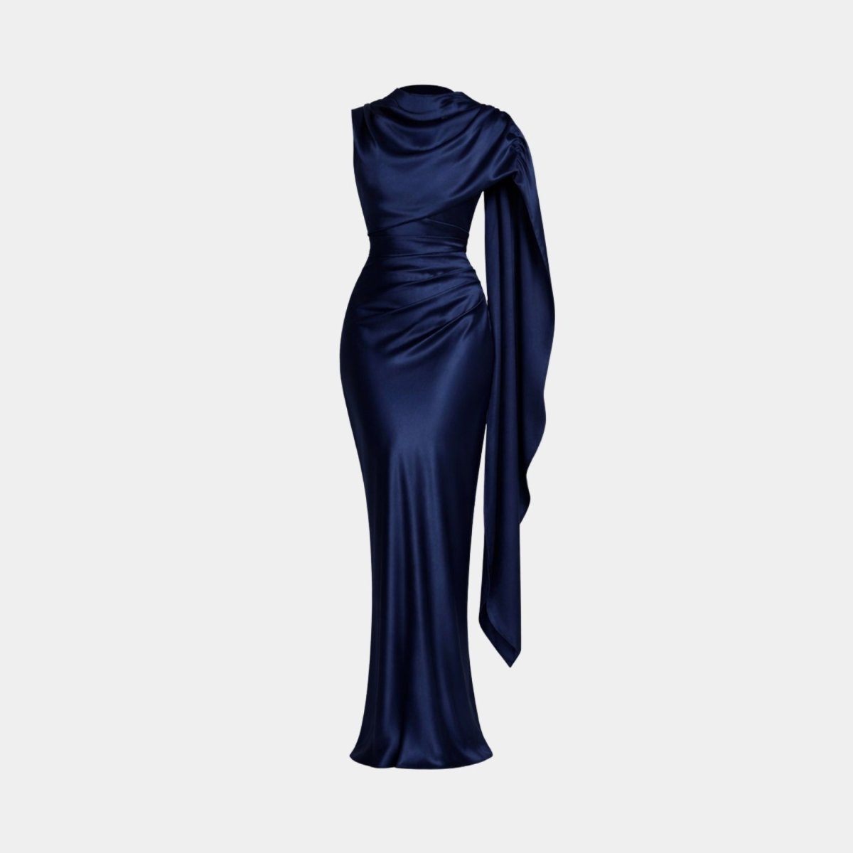 Studio ghost mannequin front view of the navy blue asymmetrical draped cape dress.