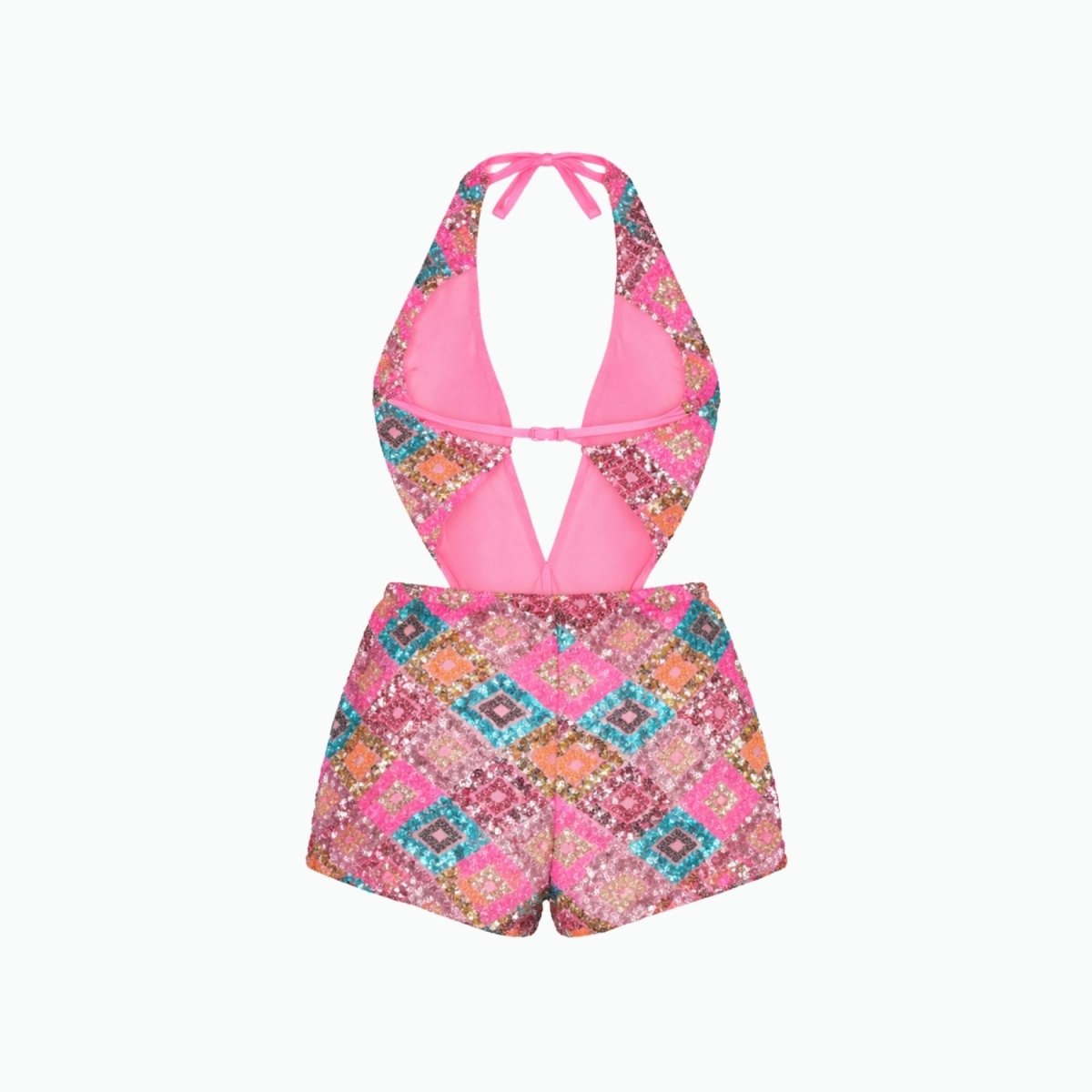 Inside back view of pink sequin playsuit showing soft pink stretch lining, halter strings, and secure back clasp closure.