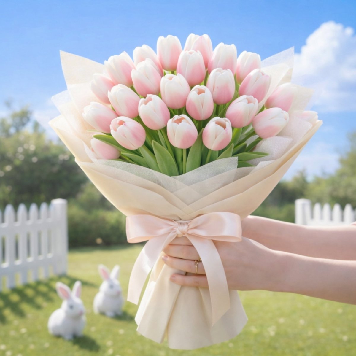 A close-up of a large bouquet of two-tone pink-tipped white tulips held by both hands and tied with a ribbon. A white picket fence and two white rabbit figurines are on the grass in the background against a blue sky.
