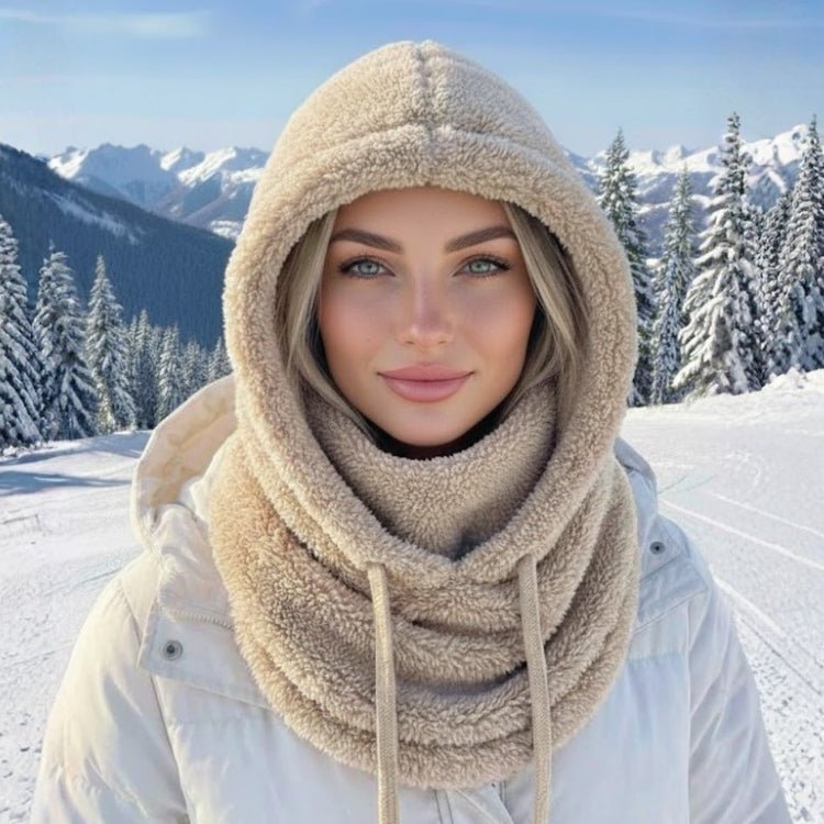 Beige plush hooded neck warmer front view, trendy winter fashion accessory.
