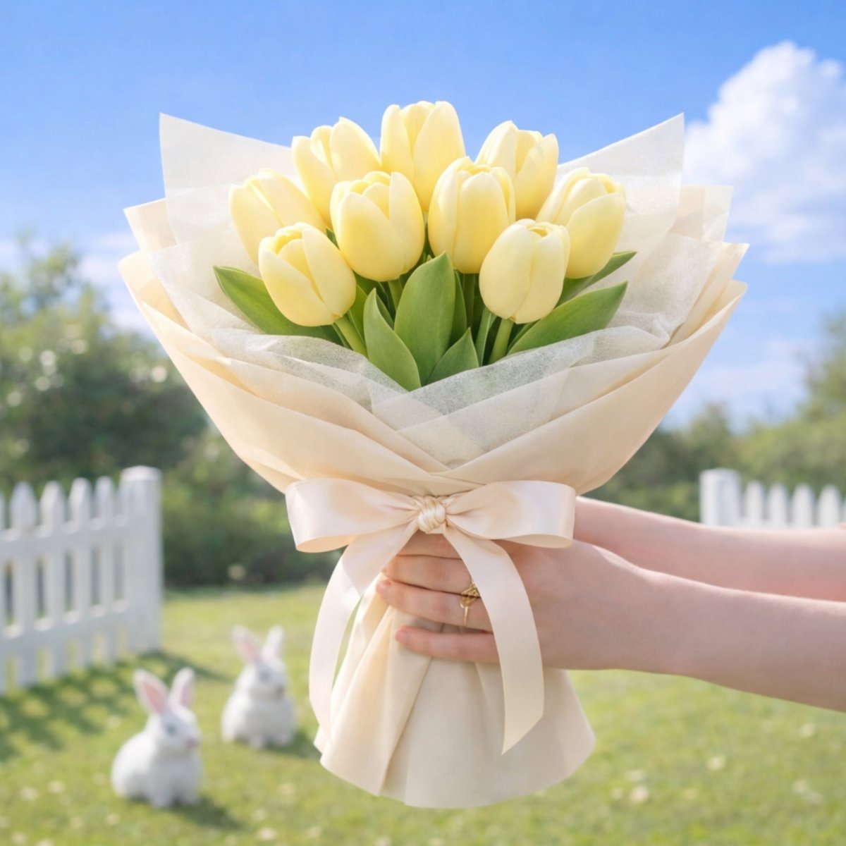 Both hands hold a large and tightly-packed bouquet of realistic yellow artificial tulips, tied with a cream-colored ribbon. The garden backyard setting has two decorative bunnies on the grass near a fence.