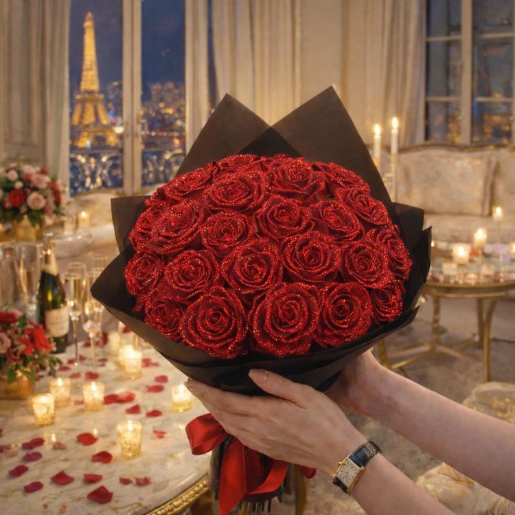 A classic red glitter rose bouquet with a red ribbon. The ultimate symbol of love with a modern sparkle twist, held by a woman in an evening setting.