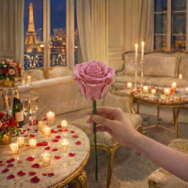 A hand holding a single pink glitter rose stem. A pretty, sparkling artificial flower held in a luxury setting.