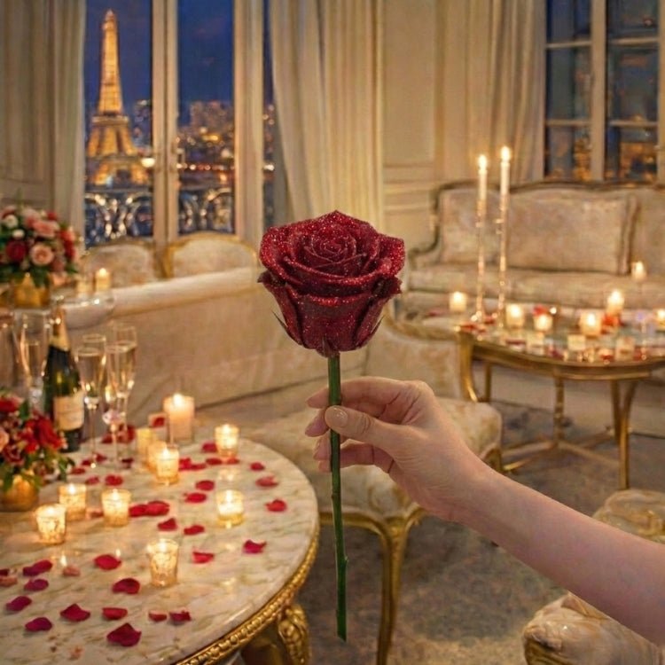 A close-up of a hand holding one romantic red sparkle rose. A perfect individual eternal flower gift for Valentine's Day.