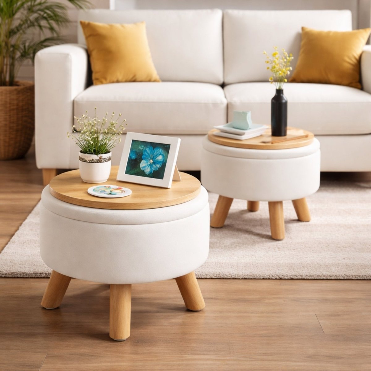 A pair of small, modern upholstered storage ottomans with wood tray lids used as side tables next to a white sofa in a brightly lit living room.
