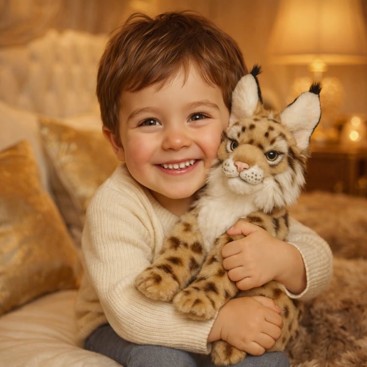 Smiling toddler boy with brown hair lovingly hugging a soft, lifelike Kouvr lynx plush toy.