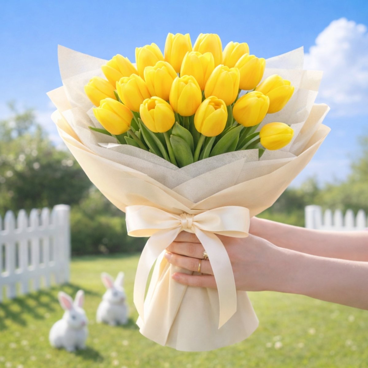 Hands hold a massive and very dense bouquet of vibrant artificial yellow tulips with green stems, tied with a wide cream ribbon. Two white decorative bunnies sit on the grass in the background with a picket fence.
