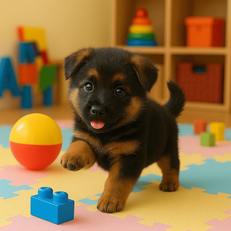 The Kouvr Fashion interactive robot puppy toy in motion, walking across a colorful playroom floor mat next to building blocks, showing it engaged in active indoor play.
