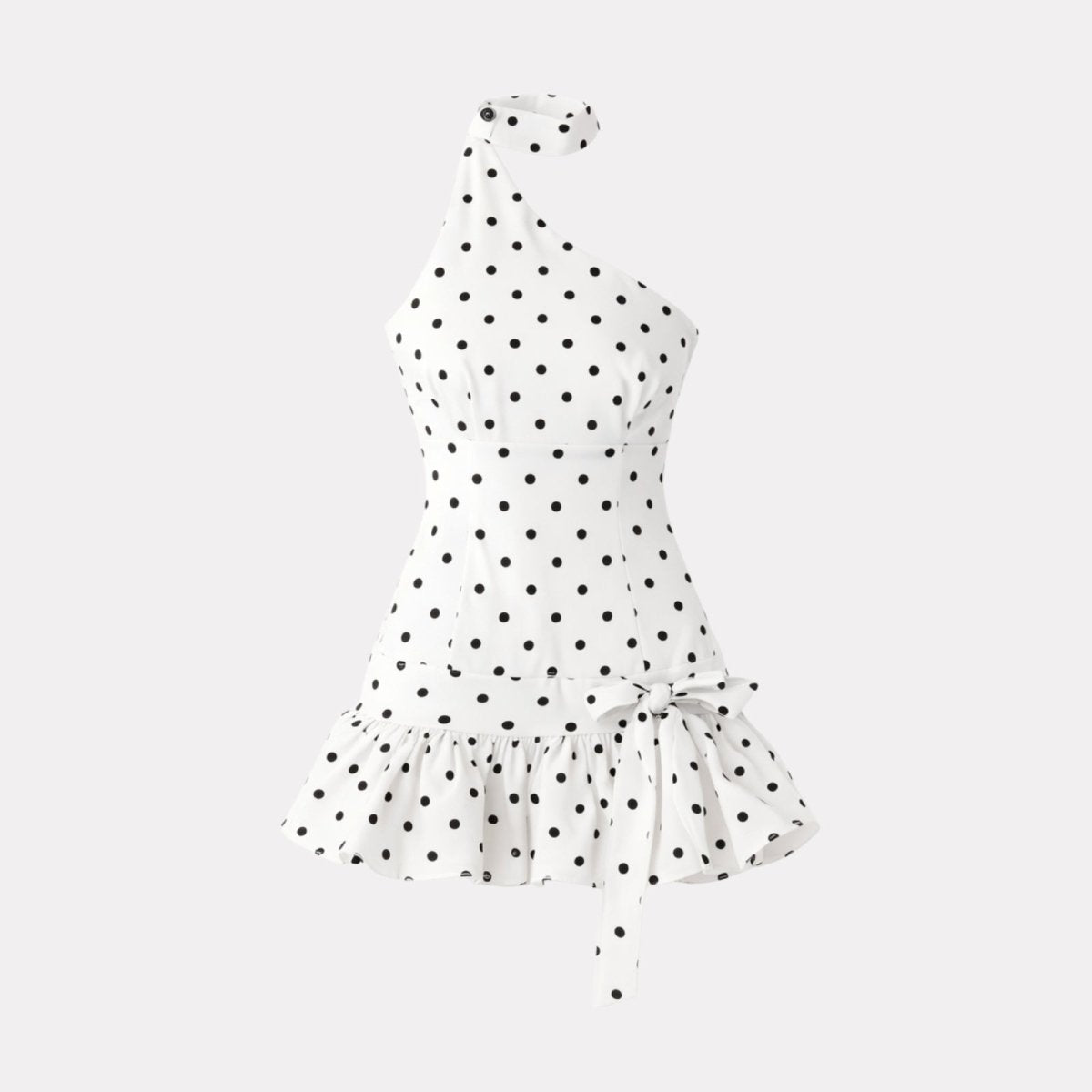 High-quality studio shot of a white one-shoulder mini dress with black polka dots, a side bow, and a ruffle hem.