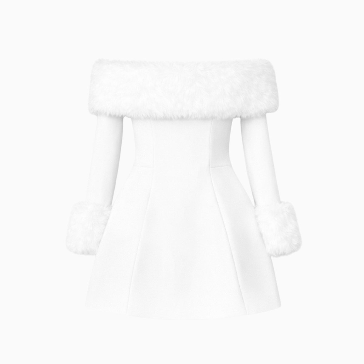 Product-only shot of a white off-shoulder mini dress with long sleeves and faux fur trim against a white background.