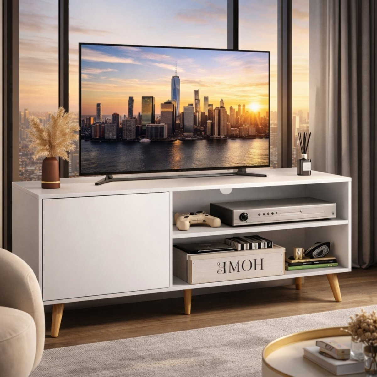A white Scandinavian TV stand with a storage cabinet and open shelves, supporting a TV displaying a New York City skyline, demonstrating its function as a media hub.