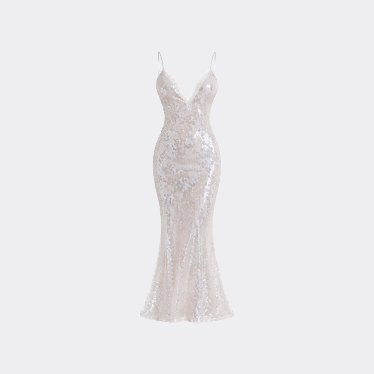 Ghost mannequin front view of the Kouvr white sequin plunging V-neck evening gown, displaying the intricate sequin pattern and elegant neckline detail.
