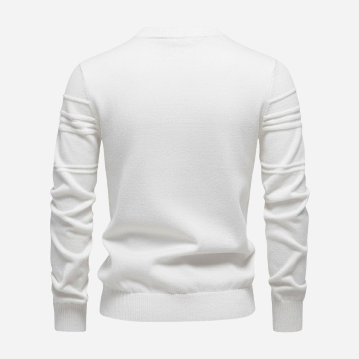 Back view of the white Ander knit sweater, showing the moto-style pleated details on the sleeves.