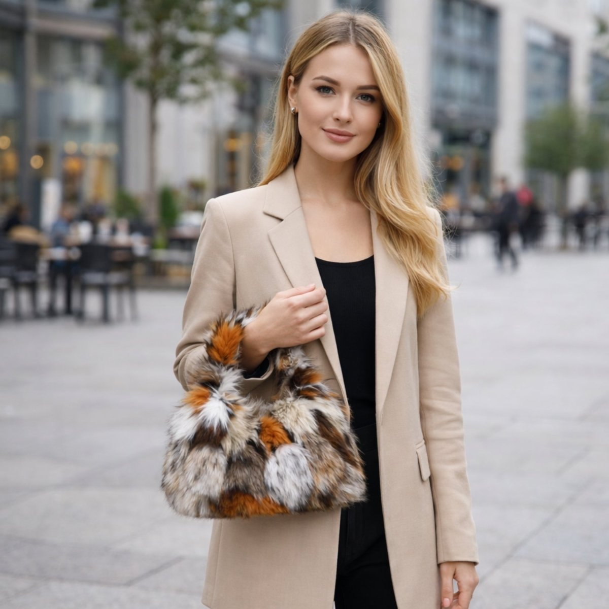 A woman in a beige blazer holding the soft Kouvr Nerrisa  plush handbag, showing its texture and size.
