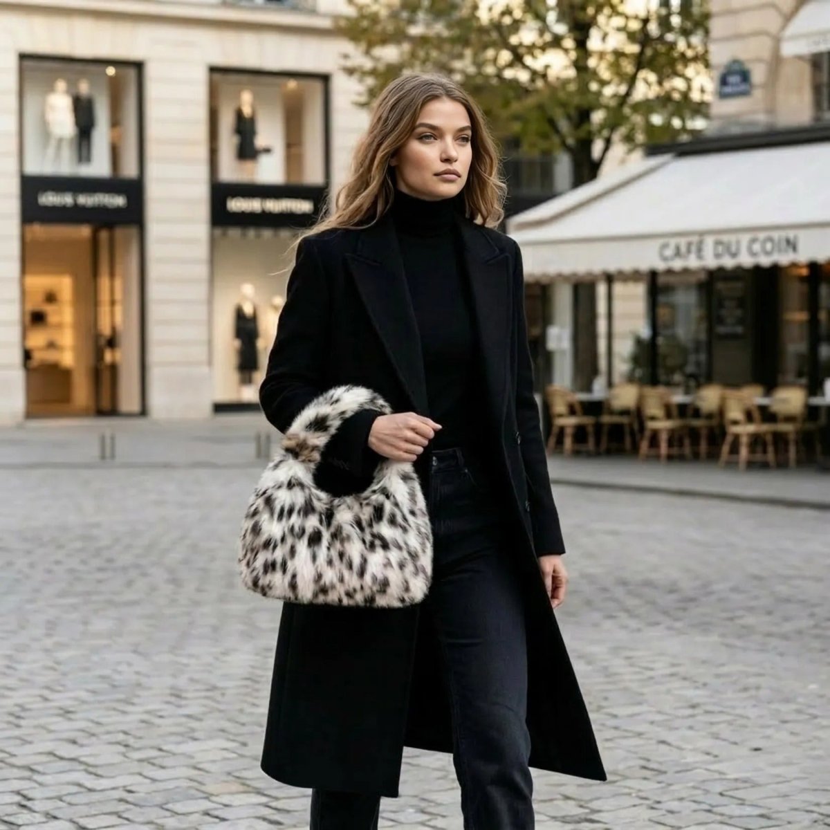 A woman in a chic all-black outfit holding the white and black spotted faux fur Kouvr bag in Paris.
